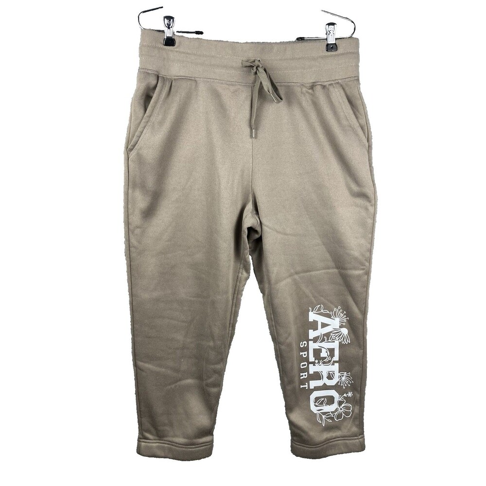 AERO Sport Capri Jogger Pants Size L Athleisure Spellout Floral Logo Left Knee
